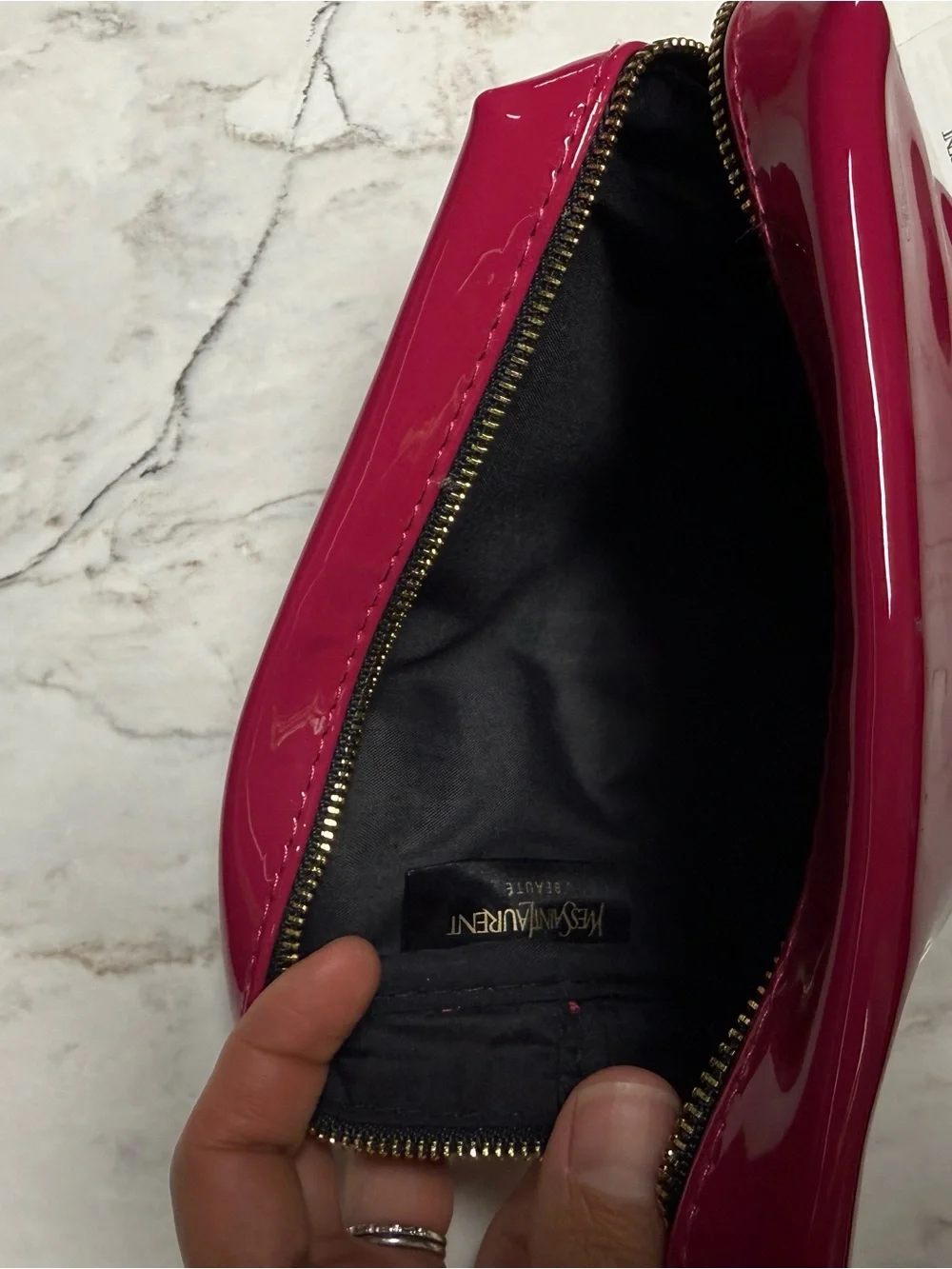 Yves Saint Laurent Patent Hot Pink Cosmetic Pouch with Gold Plaque